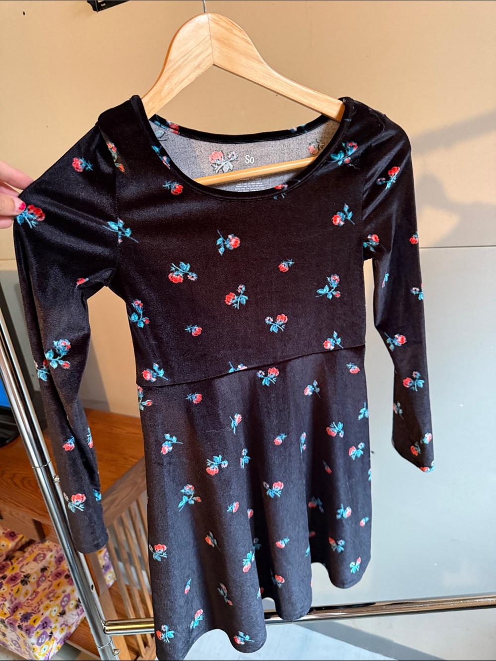 SO Black Velvet Dress with Red and Teal Floral Print